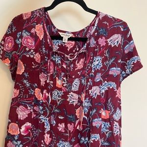 floral print short sleeve shirt with lace up neck detail